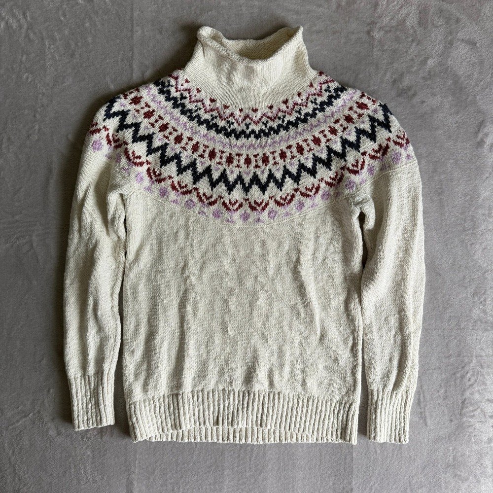vintage LL Bean Women S Fair Isle Cotton Turtleneck Sweater Cream White 510902